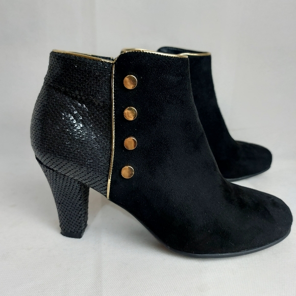 ALBERTO black heeled booties faux leather ankle boots gold accents - Picture 3 of 15